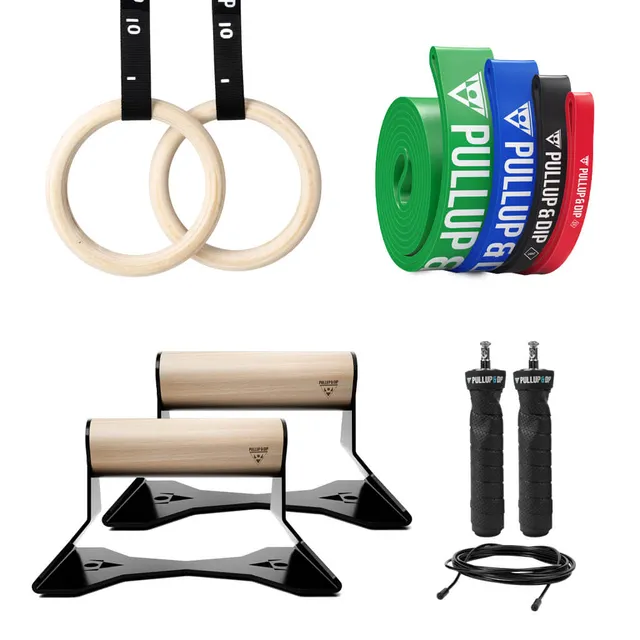 pullup-dip-calisthenics-starter-set-con-anelli-parallettes-elastici-e-corda image 1
