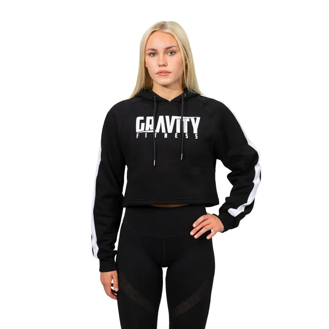 gravity-fitness-felpa-donna-cropped-con-cappuccio-logo-nero image 1