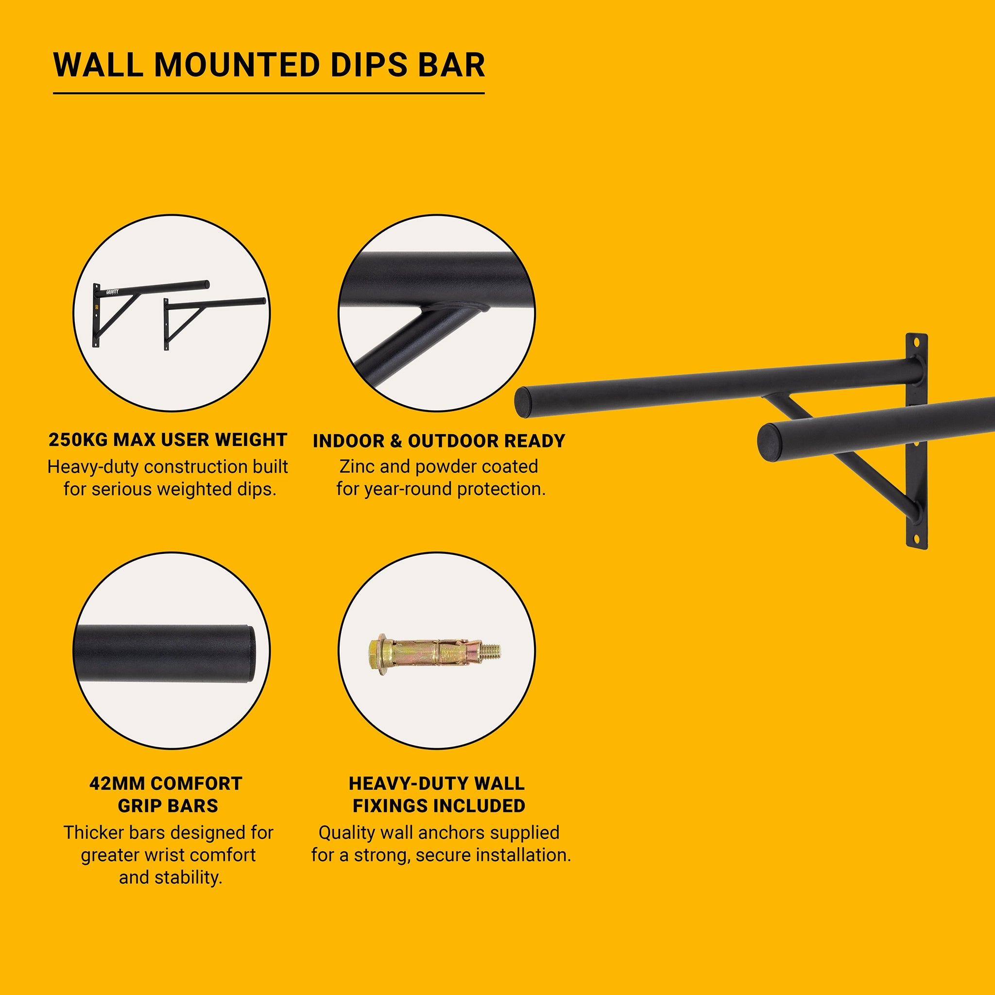 gravity-fitness-wall-mounted-dips-bar-barra-parallele-a-muro-250-kg image 2