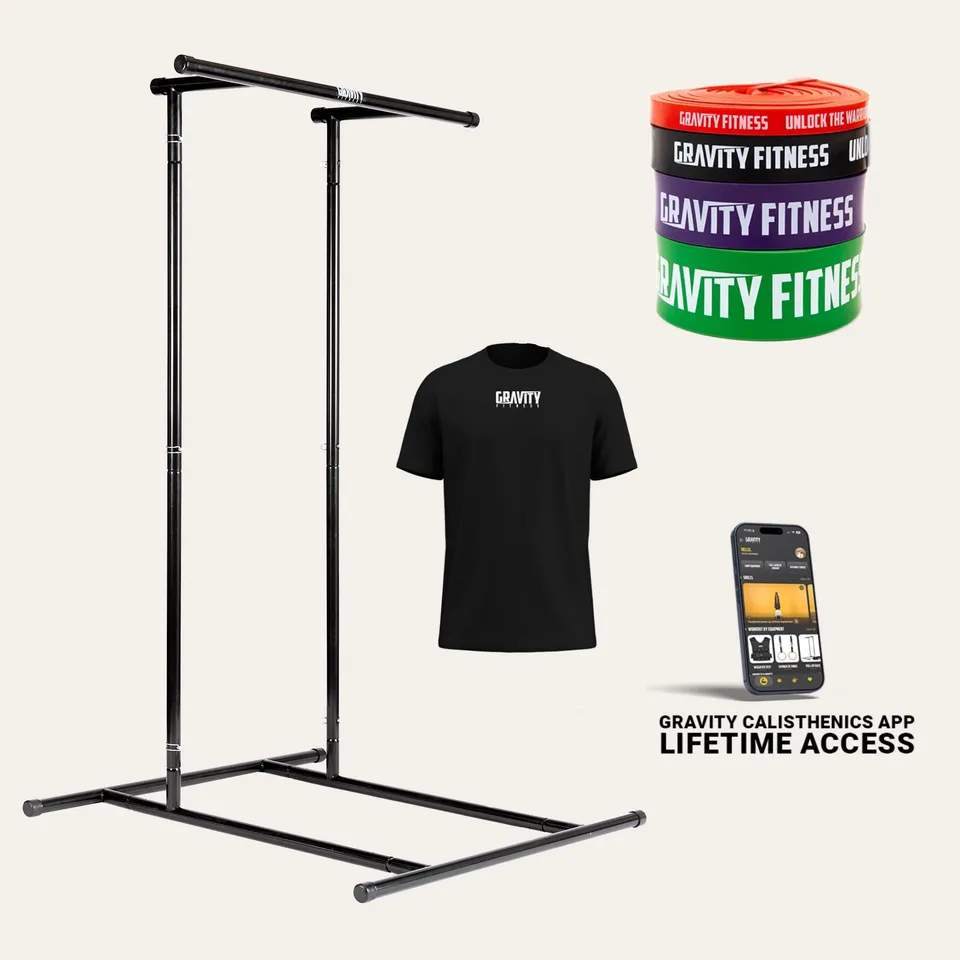 gravity-fitness-get-your-first-pull-up-bundle-rack-bande-t-shirt image 1