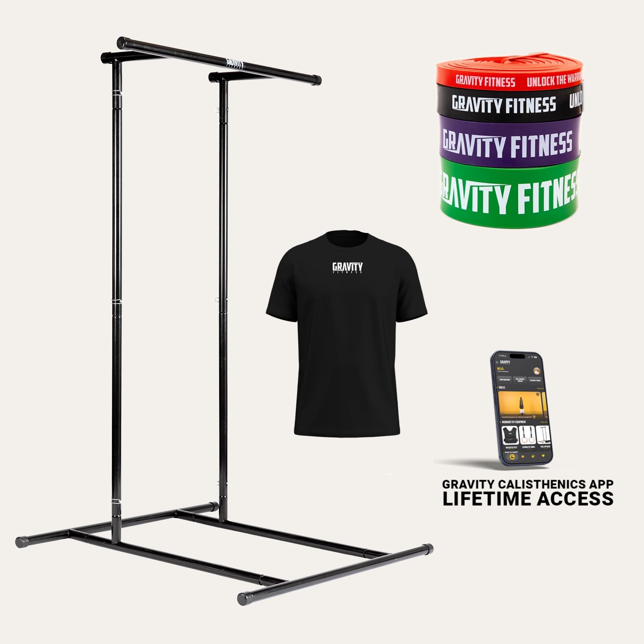 gravity-fitness-get-your-first-pull-up-bundle-rack-bande-t-shirt image 1