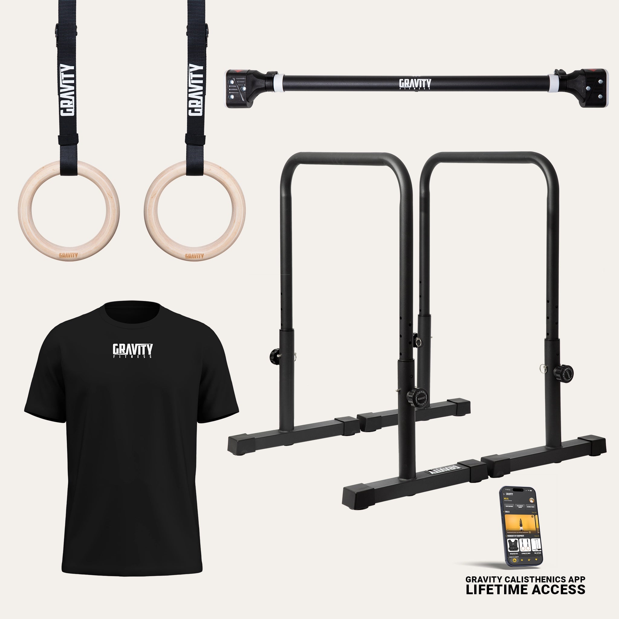 gravity-fitness-kit-calisthenics-piccoli-spazi-sbarra-parallele-anelli image 1
